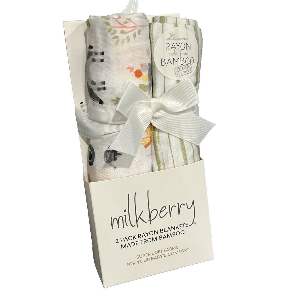 Milkberry Swaddling Blankets Newborn Rayon Bamboo Green Stripes Farm Animals Cow